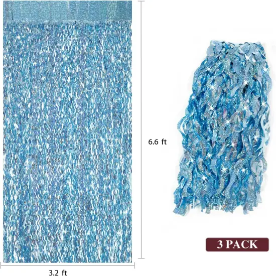 3 Pack 3.3 ft x 6.6 ft Tinsel Foil Fringe Curtain Blue - Foil Fringe Backdrop Wall Curtains for Baby Shower,Mermaid,Under The Sea,Ocean,Frozen Party Decorations {3}