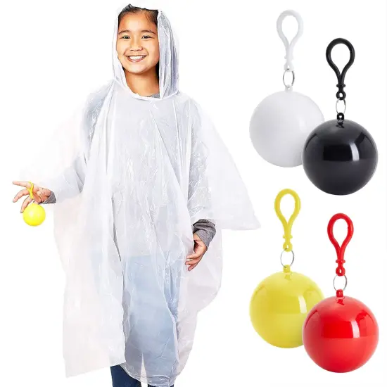 4 Pack Disposable Rain Ponchos for Kids with Hood and Attachable Round Case, Clear Plastic Raincoats for Emergency, Girls, Boys (White) {1}
