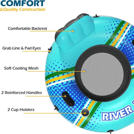 Inflatable River Tube Float - Heavy Duty River Float Pool Floats Lake Premium Water Tubes for Floating Recreational River Raft Lounge Floaties with 2 Cup Holders for Adult {4}