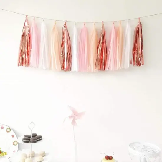 Shiny Tassel Garland Tissue Paper Tassel Banner,Table Decor,Tassels Party Decorations Supplies for Wedding,Birthday,Bridal/Baby Shower,DIY Kits,Pack of 20 - (Rose Gold/Light Pink/Peach Color/White) {3}