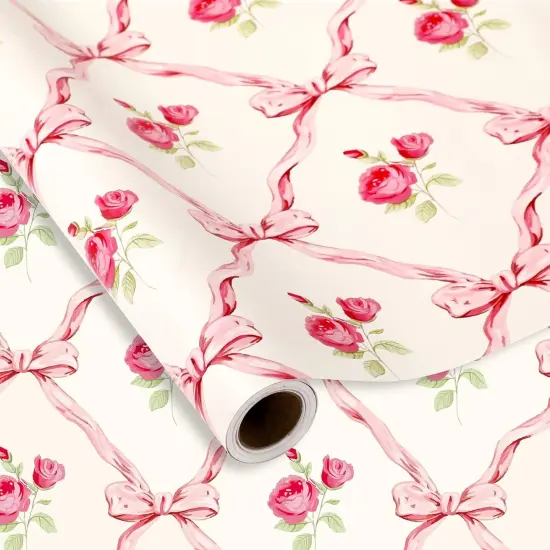 Pink Bow Floral Wrapping Paper -Mini Roll- 17 Inch x 32.8 Ft Flower Bow Knot Gift Wrap Paper Pink Art Paper for Wedding Birthday Supplies {1}
