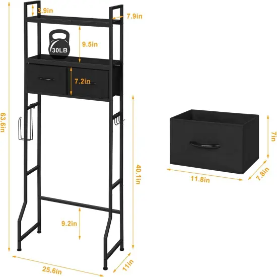3-Tier Over-The-Toilet Storage Cabinet with Fabric Drawers &ndash; Freestanding Bathroom Organizer, Black Space-Saving Shelf for Bathroom & Laundry Room {2}
