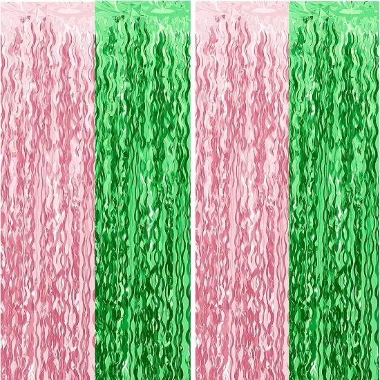 Pink and Green Wavy Tinsel Foil Fringe Curtains Photo Booth Backdrop for Green Pink Theme Birthday Party Witch Decorations(2 Pack,3.2 ft x 6.6 ft) {1}