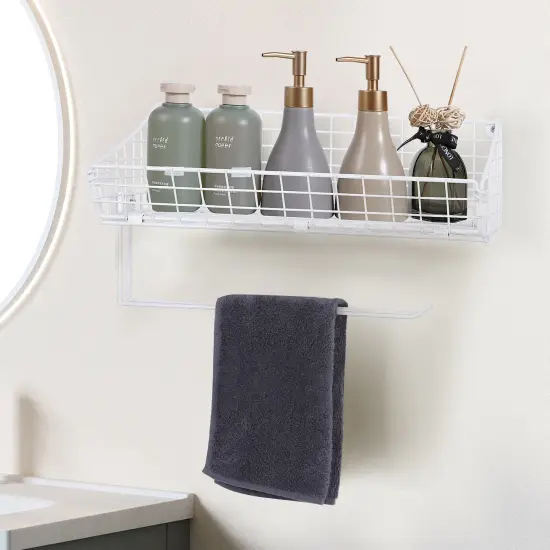 Multi-Functional Wall-Mounted Metal Basket Organizer with Foldable Paper Towel Holder &ndash; Space-Saving Storage Shelf for Kitchen, Bathroom, Bedroom & Hallway White {4}