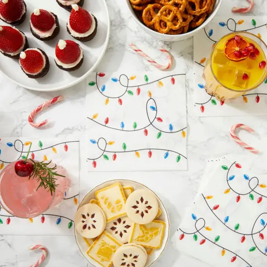 Juvale 100 Pack Christmas Paper Napkins for Holiday Party Supplies, Christmas Lights Design - 6.5 x 6.5 Inches Luncheon Napkins White {2}