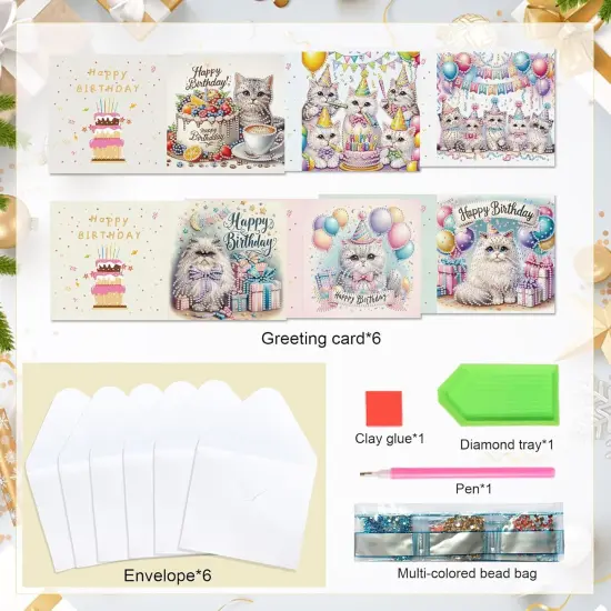 6pcs Diamond Painting Greeting Cards for Blessings and Wishes - Cat DIY Birthday card Special Shape Crystal Diamond Art Partial Mosaic Making Craft, Paper Material, Gift for Christmas Thanksgiving Day {3}