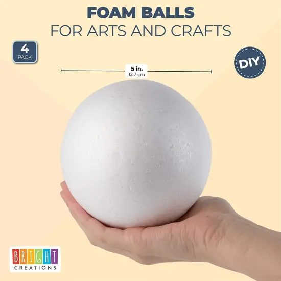 5 Inch Foam Balls for Crafts - 4 Pack Solid Round White Polystyrene Spheres for Ornaments, DIY Projects, Craft Modeling {2}