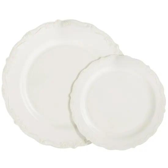 Set of 60 Cream Plastic Plates, Elegant Vintage Design for Party Supplies, Weddings, Disposable (30 Dinner Plates, 30 Dessert Plates, 2 Sizes) White {7}