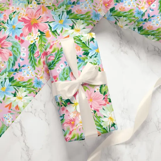 Spring Floral Wrapping Paper - Mini Roll - 17 In x 32.8 Ft Watercolor Pink Flower Gift Wrap Paper for Wedding Birthday {5}