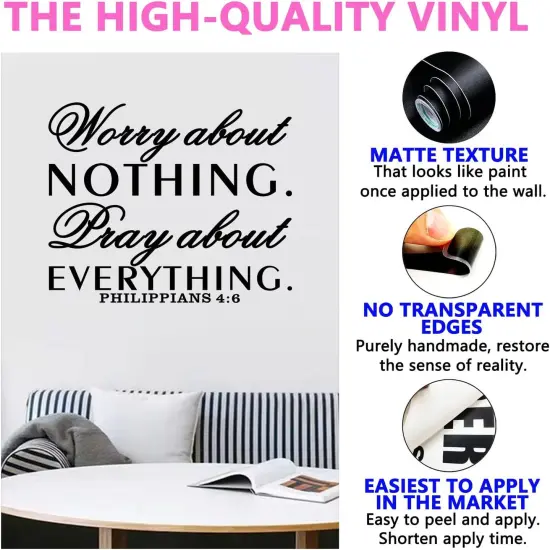 Inspirational Wall Decals, Prayer Wall Decor, Quotes Bible Verse Christian Religious Faith Bedroom Living Room Vinyl Art Decor Home Stickers Worry About Nothing Pray About Everything 18"X15" {2}