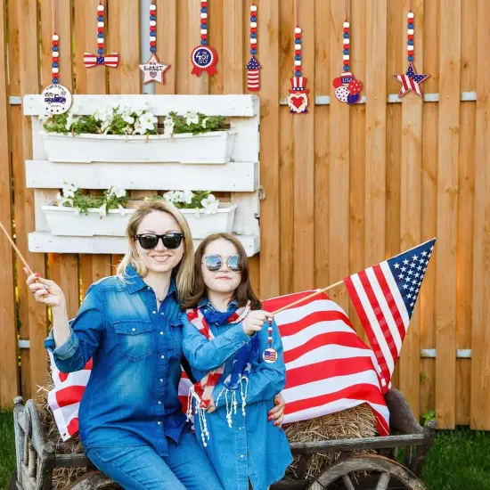 12 Pieces Independence Day Wood Bead Garland with Wooden Tag 4th of July Patriotic Wooden Bead Hanging Ornaments American Flag {3}