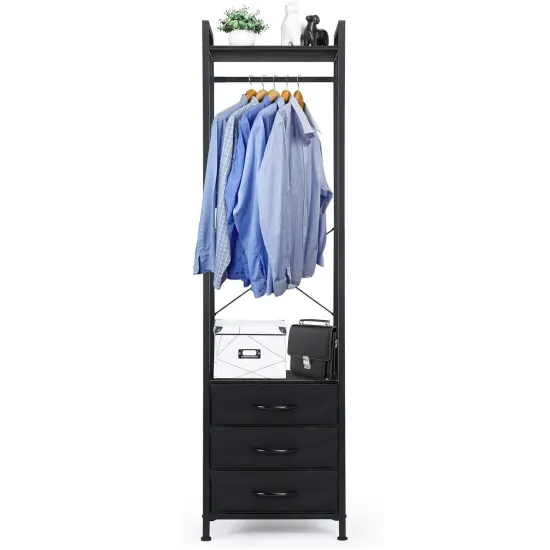 Heavy Duty Garment Rack with 3 Drawers & Shelves | 71" Tall Multi-Functional Clothing Organizer | Industrial-Strength Metal & Pine Wood Wardrobe for Bedroom, Entryway {1}