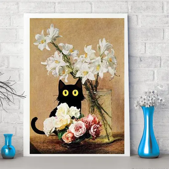 Diamond Painting for Adults and Beginners - 6pcs, 5D Round Diamond Digital Painting Kit, DIY Black Cat Diamond Art Painting, Matisse Van Gogh Living Room Bedroom Decoration (11.8x15.7 inches) {2}