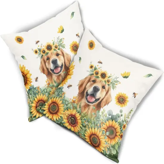 Sunshine Dog Pillow Covers 18x18in Set of 2 Yellow Sunflower Golden Retriever Puppy Throw Pillowcases Summer Bees Floral Cotton Linen Sofa Couch Patio Bedroom Cuchion Cover Decor {2}