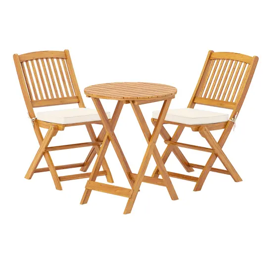 3 Pieces Acacia Wood Patio Folding Bistro Set with Soft Cushions and Slatted Backrest Beige {8}