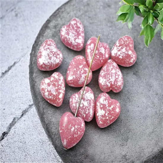 *10* 14mm Silver Splattered Pink Opal Heart Beads {2}