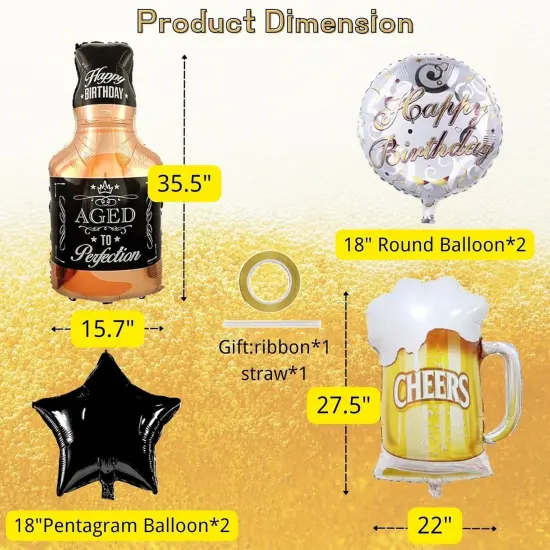 Beer Cup Balloons Set of 6 - Whiskey Bottle & Beer Mug Shaped Mylar Foil & Latex Black Golden Pentagram Balloons - Summer Party, Festival, Birthday & More {2}