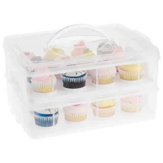 2 Tier Cupcake Carrier for 24 Cupcakes, Transport Container with Lid for Muffins (13.5 x 10.25 x 7.5 In) Clear {1}