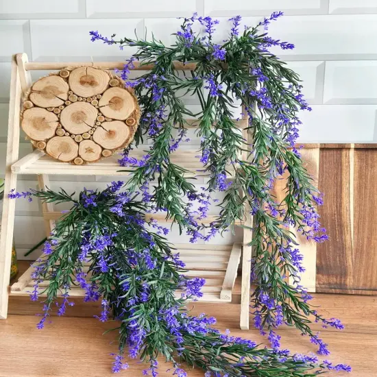 2 pack Fake Hanging Lavender Flowers Artificial Hanging Plants Wall Purple Faux Ferns Room Home Garden Decor Indoor Outdoor Decorations {2}