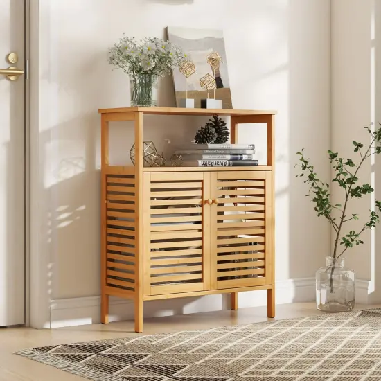 Costway Bamboo Storage Cabinet with Double Louvered Doors Open Shelf & Removable Shelf {6}