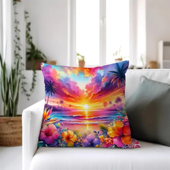 Tropical Sunset Beach Pillow Covers 18x18, Beachy Room Decor Aesthetic, Coastal Outdoor Pillow Covers, Floral Pillow Covers, Coastal Room Decor {3}
