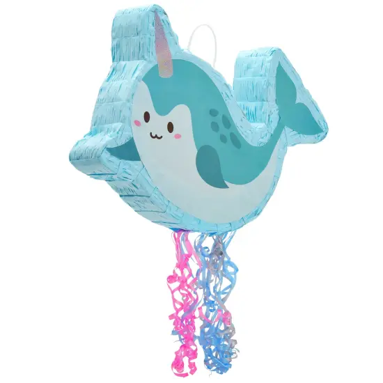 Pull String Narwhal Pinata for Birthday Party Supplies, Under the Sea Party Decorations, Baby Shower (Small, 16.5 x 12.3 x 3 In) Blue {2}
