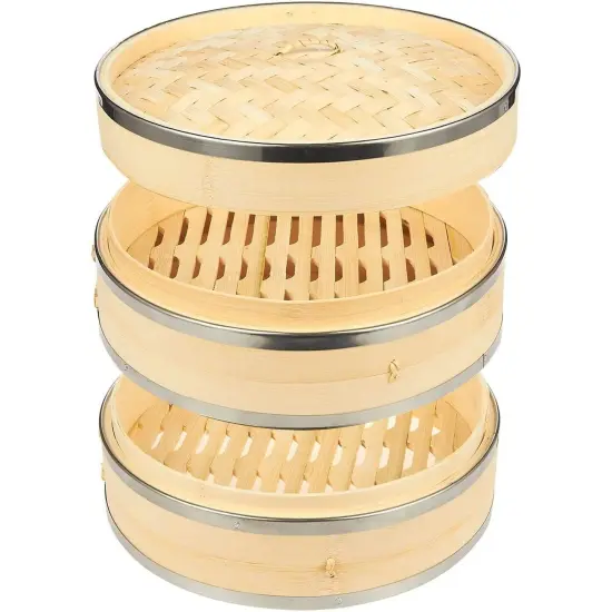 2-Tier 10 Inch Bamboo Steamer Basket with Steel Rings - Large Capacity Dumpling, Vegetable Steamer Basket (10x6.5x10 In) Brown {1}