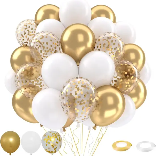 White and Gold Balloons Set, 50 pcs 12 inch Metallic Gold White Gold Confetti Latex Balloons {1}