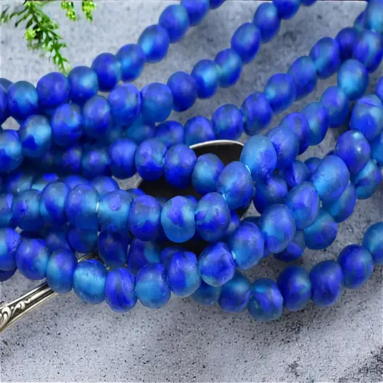 10-11mm Cobalt Aqua African Recycled Glass Beads (20" Strand) {4}