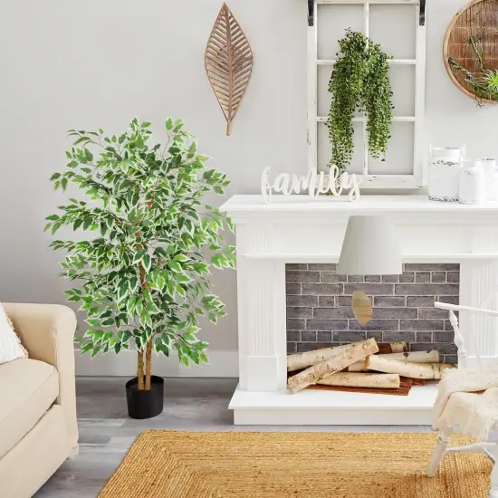 5ft Ficus Tree Artificial, Tall Fake Tree with Natural Trunk Faux Trees Indoor Silk Ficus Leaves Artificial Trees for Home Decor Indoor Summer Office Living Room Outdoor (Included Dried Moss) {4}