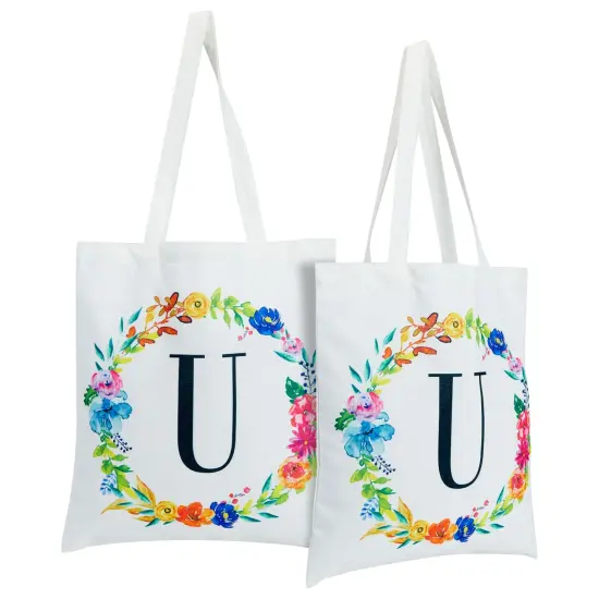 Set of 2 Reusable Monogram Letter U Personalized Canvas Tote Bags for Women, Floral Design (29 Inches) White {1}
