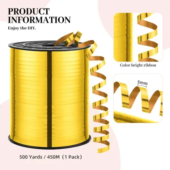 Gold Metallic Curling Ribbon, 500 Yards, 3/16" Width, Plastic Film, Festive & Crafting Occasion {2}