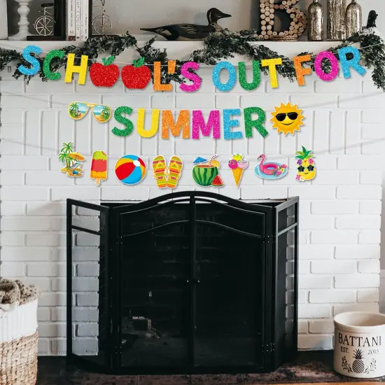 Glitter School&rsquo;s out for Summer Banner and Colorful Glittery Summer Patterns Banner End of School Year Garland Banner Summer Vacation Beach Pool Party Fireplace Mantle Decorations {2}