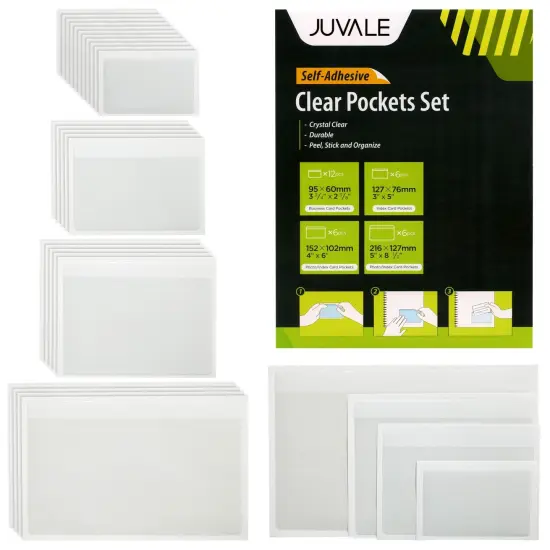 30 Pieces Clear Adhesive Pockets for Planners and Binders, Peel and Stick Index Card and Photo Pockets, Office Notebook Folder Sleeves (4 Sizes) White {1}