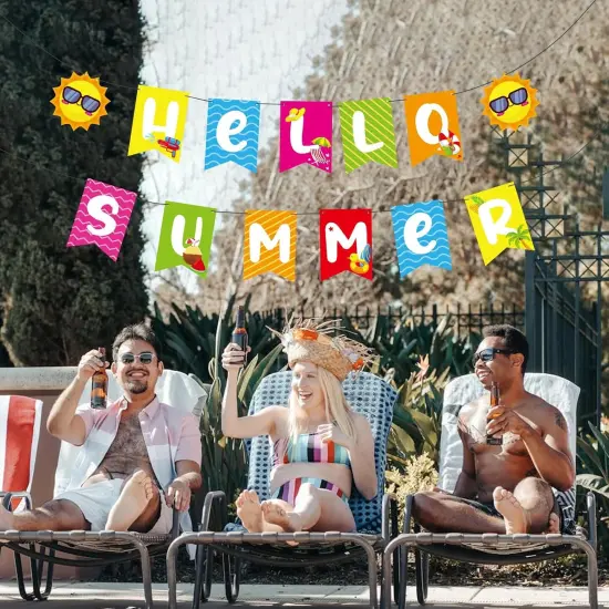 Hello Summer Banner - No DIY, Summer Banner for Summer Party Decorations, Hello Summer Sun Signs for Birthday Beach Pool Decorations, Tropical Party Decorations {4}