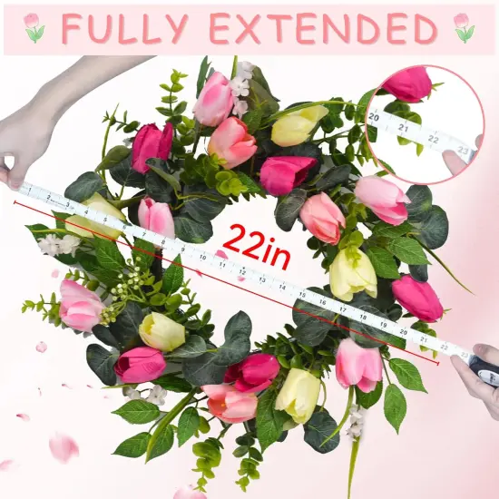 22" Tulip Summer Floral Wreath for Front Door, Summer Floral Wreath with Eucalyptus Leaves, Money Plant, Ferns for Indoor Outdoor Wall Festival Home Farmhouse Wedding Summer Home Decor {2}