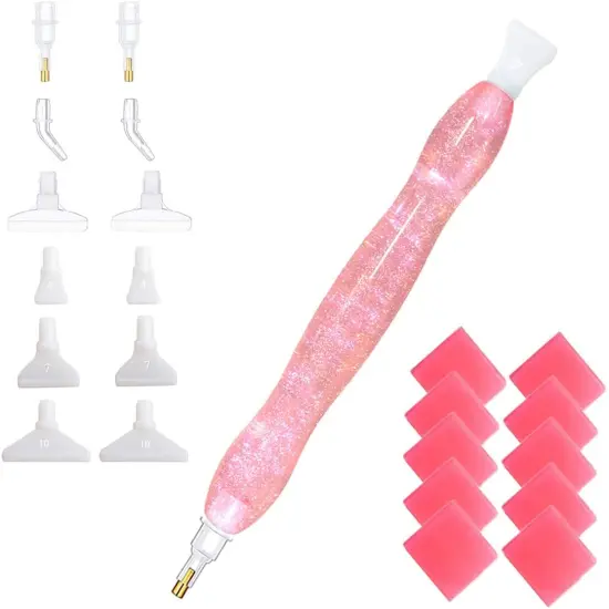 Handmade 5D Diamond Painting Art Drill Pen Kit Tool with 14pc Thin Tips and 10 Waxes Glitter Pink {1}
