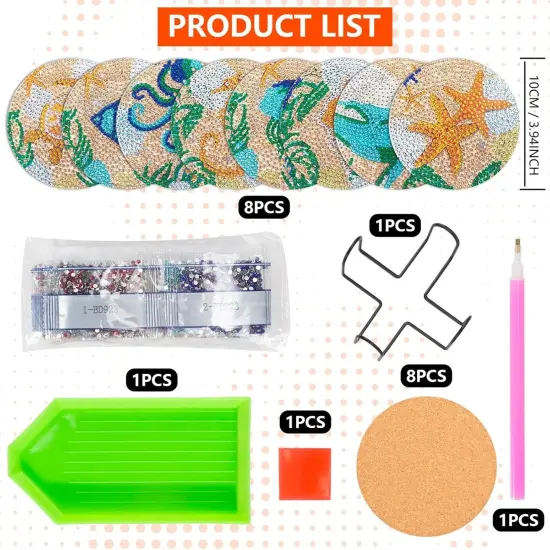 Ocean Diamond Art Coasters Kits, 8 Pcs Diamond Painting Coasters with Holder Set, DIY Ocean Diamond Craft Supplies Coasters for Drinks, Diamond Art Kits for Adults {5}