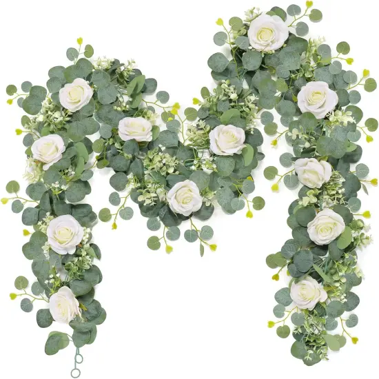 2Pcs(13 Ft) Artificial Eucalyptus Flower Garland with White Rose Flowers,Faux Rose Vine Gypsophila Garland,Floral Garland Greenery Garland for Home Party Wedding Table Decor (White, 2PCS) {1}
