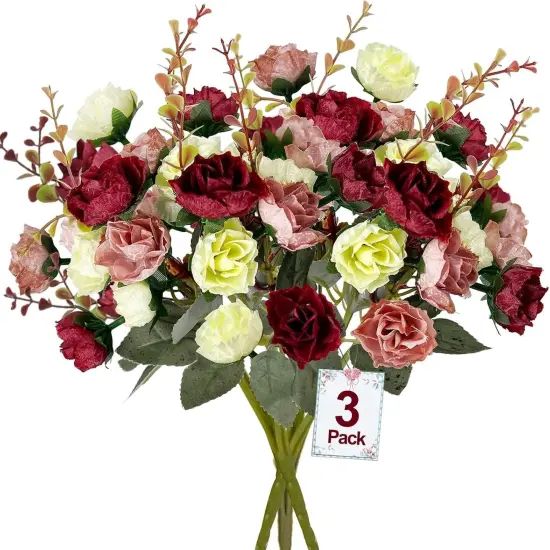 3 Heads Summer Tabletop Floral Arrangements Roses Artificial Flowers Bouquet 3 Bundles Fake Flowers {3}