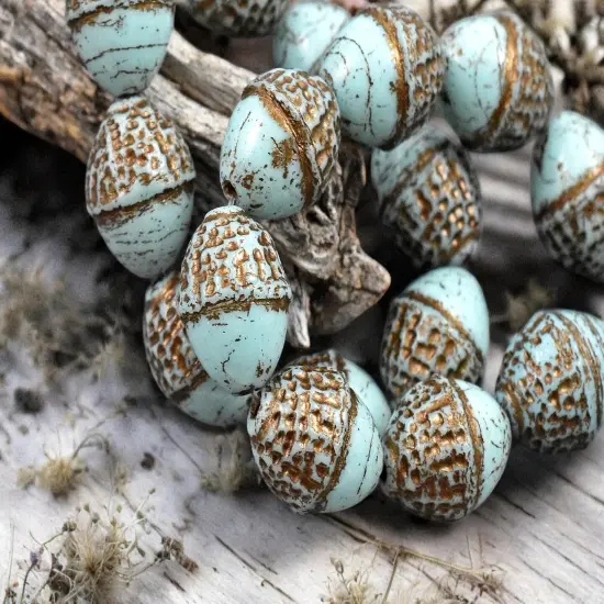 *8* 10x12mm Dark Bronze Washed Blue Turquoise Acorn Oval Beads {4}