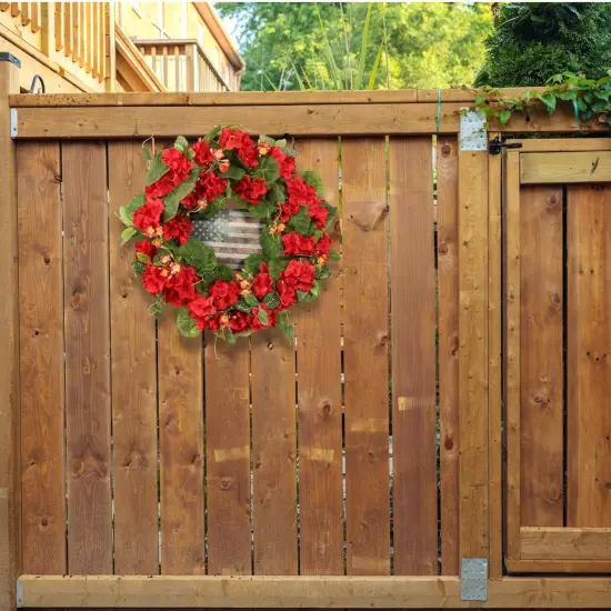 Patriotic Wreath for Front Door, 20-Inch 4th of July Wreath with Red Geraniums & American Flag, Memorial Day Independence Day USA Door Decoration, Outdoor Farmhouse Rustic Home D&eacute;cor {4}