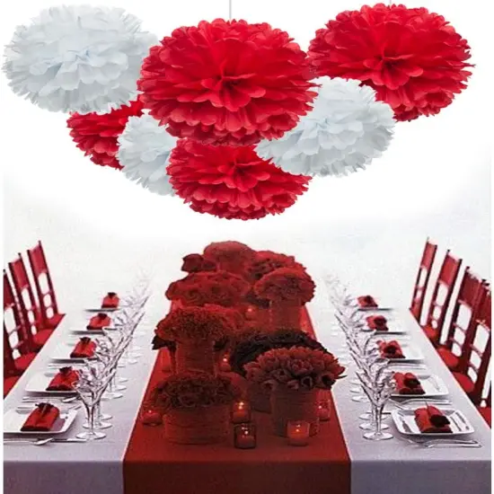 Red Paper Flower Tissue Pom Poms Party Supplies (red,white,12pc) {4}