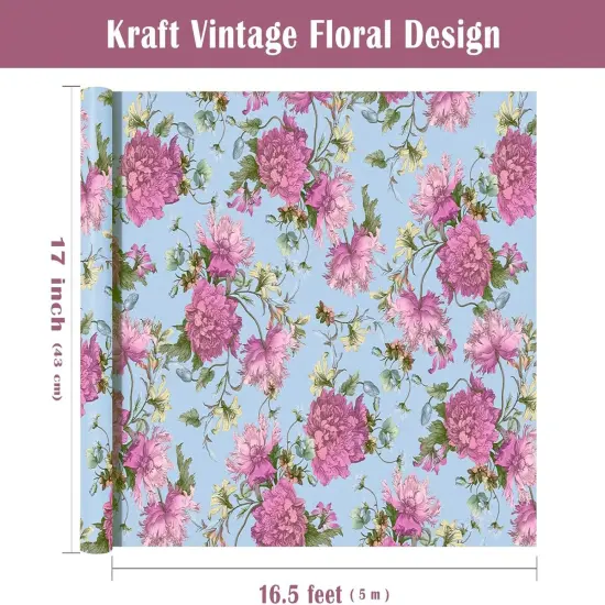 Kraft Floral Wrapping Paper Roll - Mini Roll - 17 Inch x 16.5 Feet - Vintage Floral Design Perfect for Wedding {3}