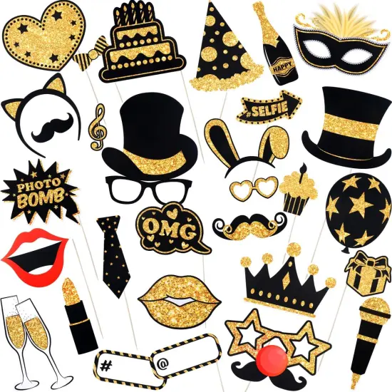 30 Pieces Photo Booth Props, Gold Black Glitter Photo Booth Props for Birthday, Wedding, Graduation, Bachelorette Party, Happy New Year Eve Party Decorations Supplies {1}
