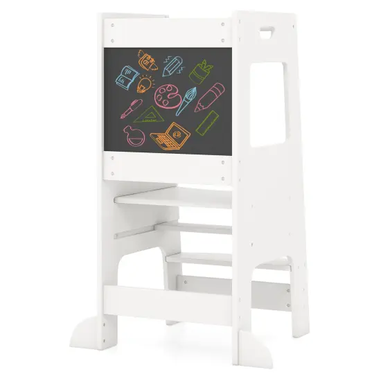 Kids Standing Step Stool Tower with Chalkboards and 2-level Height Adjustable Platform Natural {7}