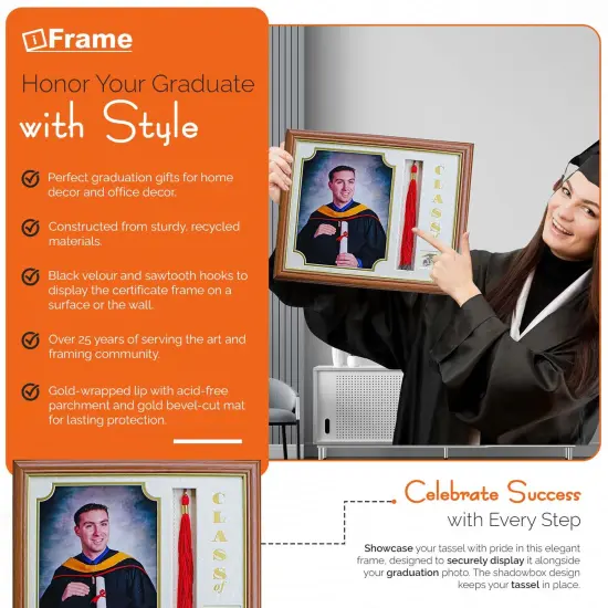 iFrame Graduation Photo & Tassel Frame I 5x7 & 8x10 Picture Frame For 2025 Class Year | Real Wood Cherry, Black and Walnut Finish I Wall Mount & Tabletop Graduation Frame | Made in USA {3}