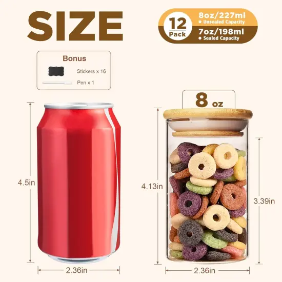 8oz Glass Food Storage Jars, Glass Jars with Bamboo Lids, Kitchen Storage Jars, Set of 12, Canisters with Airtight Lids for Spice, Coffee, Cookie, Pantry Organizers {4}