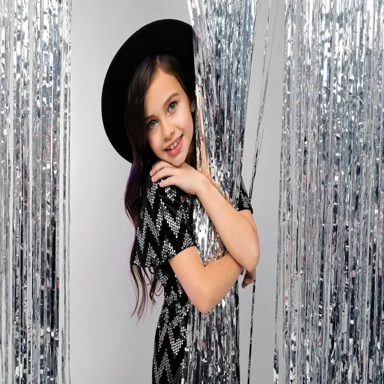 Silver Tinsel Foil Fringe Curtains Backdrop, Melsan 3.2 x 8 ft Foil Curtain Birthday Party Decorations for Disco, New Year Eve Party Backdrop - 3 Packs {4}