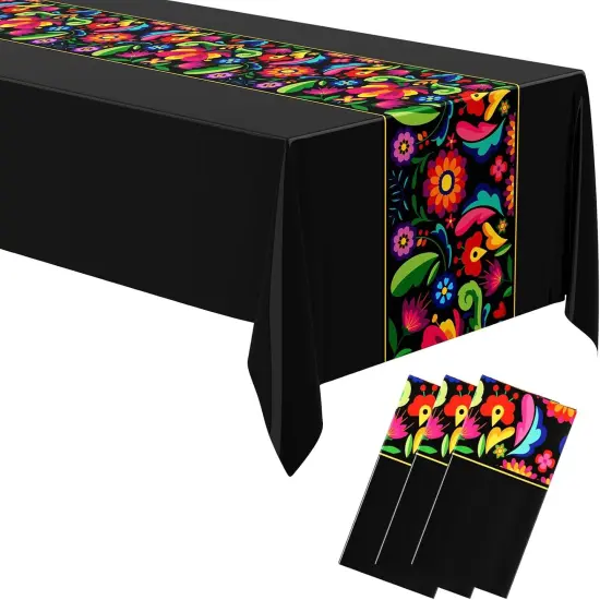 3 Pcs Fiesta Tablecloth 108 x 54 Inch Plastic Tablecover Mexican Waterproof Tablecloth Disposable Table Cover for Taco Night Festive Mexican Fiesta Wedding Party Decoration (Black) {1}